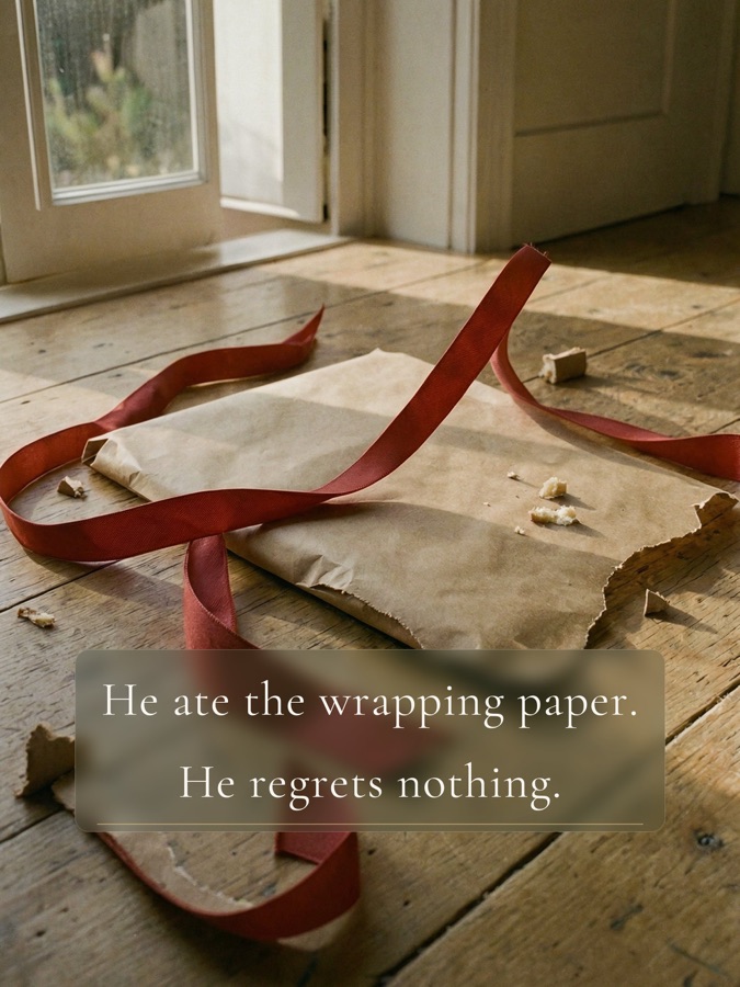 He ate the wrapping paper. He regrets nothing.