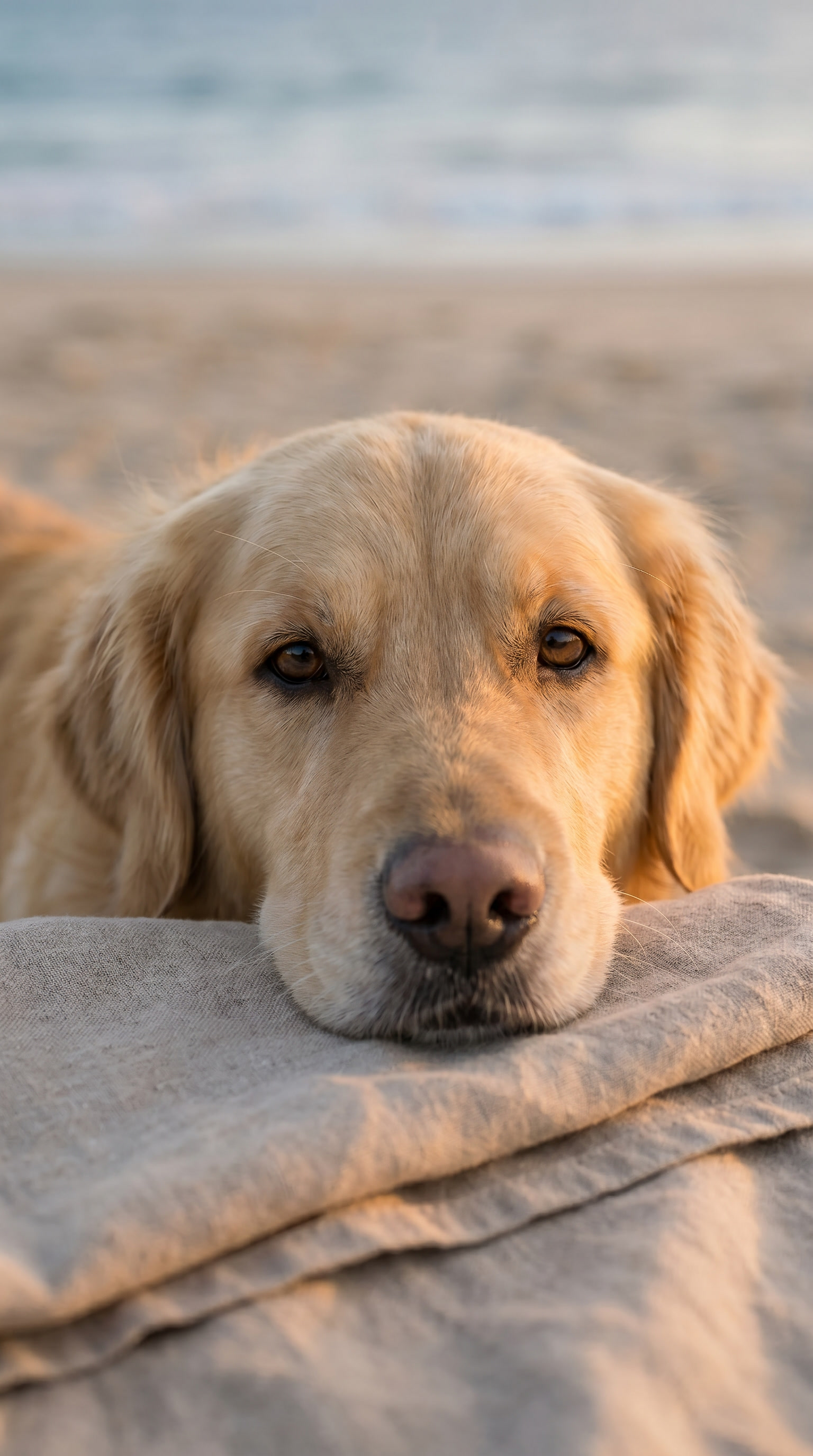 Close-up portrait of Charlie with soft golden fur and gentle brown eyes.